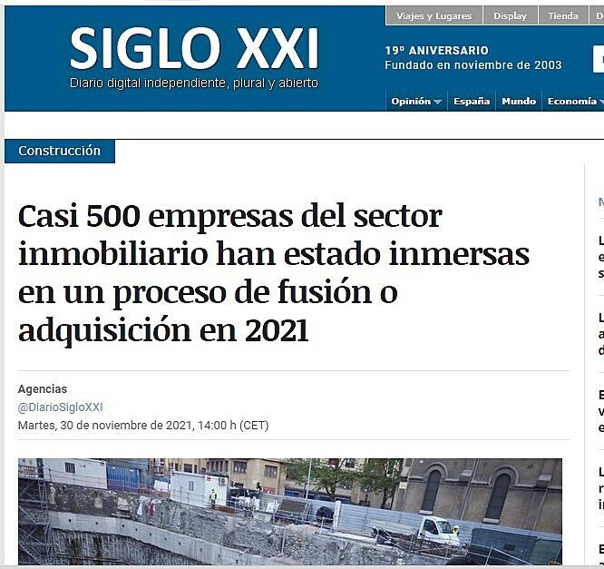Casi 500 empresas del sector inmobiliario han estado inmersas en un proceso de fusin o adquisicin en 2021